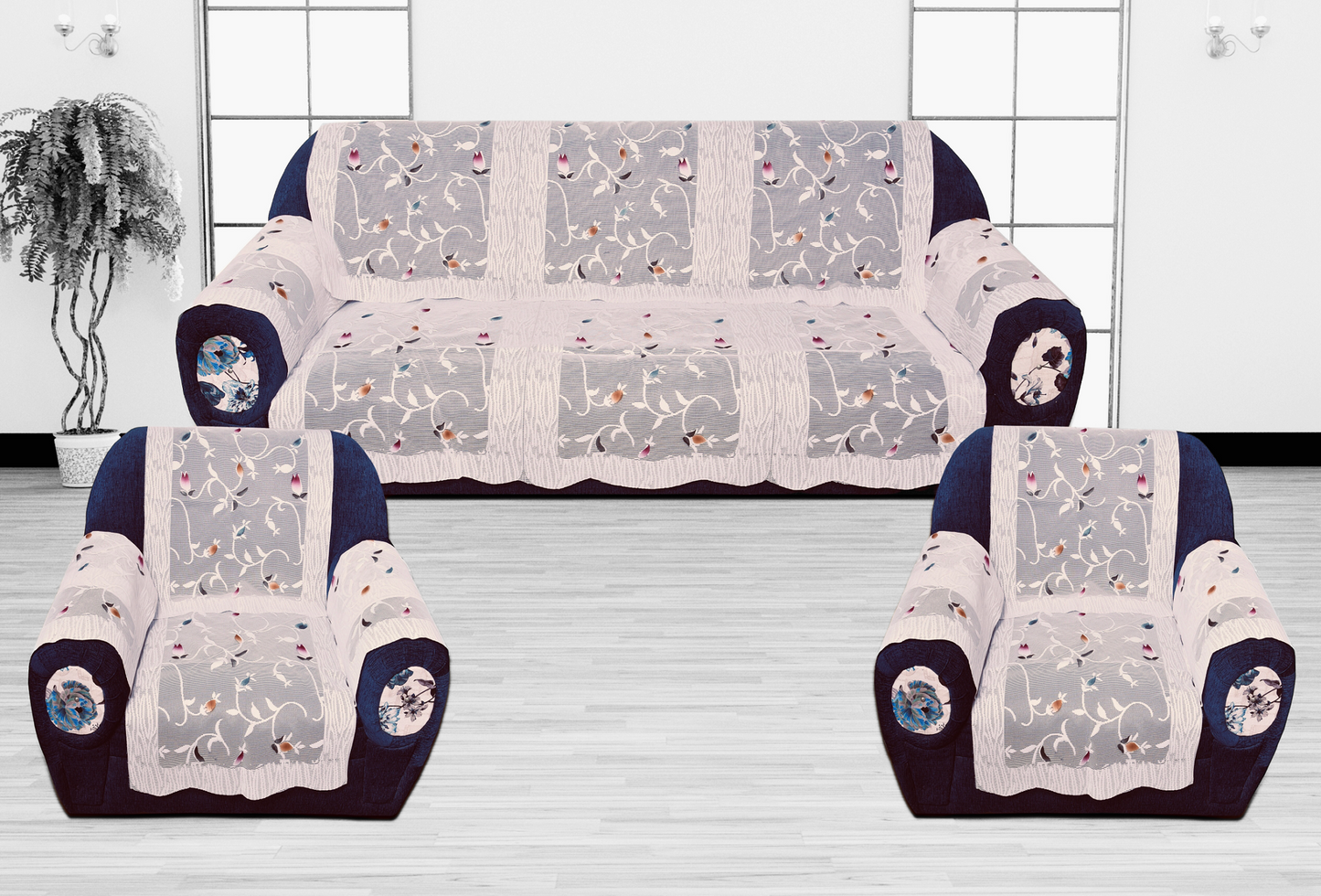 Bigger Fish Poly Cotton Net Fabric  5 Seater Sofa Cover With Arms Cover 16 Pieces with 40x60 Center Table Cover Combo (Cream)