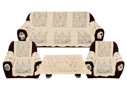 Bigger Fish Poly Cotton Net Fabric  5 Seater Sofa Cover With Arms Cover 16 Pieces with 40x60 Center Table Cover Combo (Cream)
