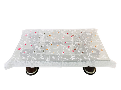 Bigger Fish Poly Cotton Net Fabric Floral 5 Seater Sofa Cover 10 Pieces with 40x60 Center Table Cover Combo (White)