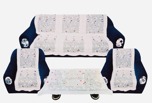 Bigger Fish Poly Cotton Net Fabric Floral 5 Seater Sofa Cover 10 Pieces with 40x60 Center Table Cover Combo (White)