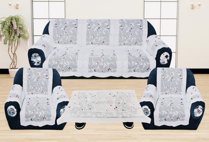 Bigger Fish Poly Cotton Net Fabric 5 Seater Sofa Cover With Arms Cover 16 Pieces with 40x60 Center Table Cover Combo (White)