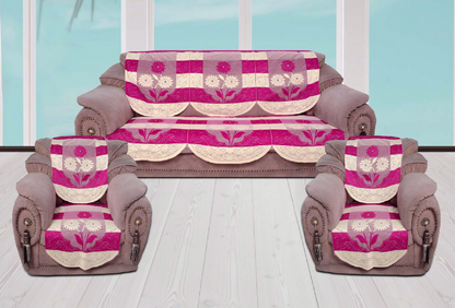 Bigger Fish Poly Cotton Net Fabric Floral 5 Seater Sofa Cover 10 Pieces with 40x60 Center Table Cover Combo (Pink)