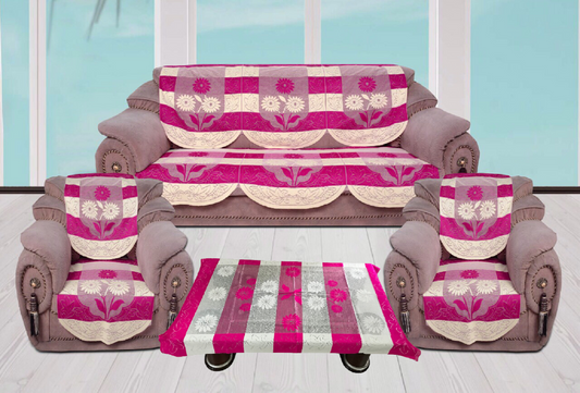 Bigger Fish Poly Cotton Net Fabric Floral 5 Seater Sofa Cover 10 Pieces with 40x60 Center Table Cover Combo (Pink)