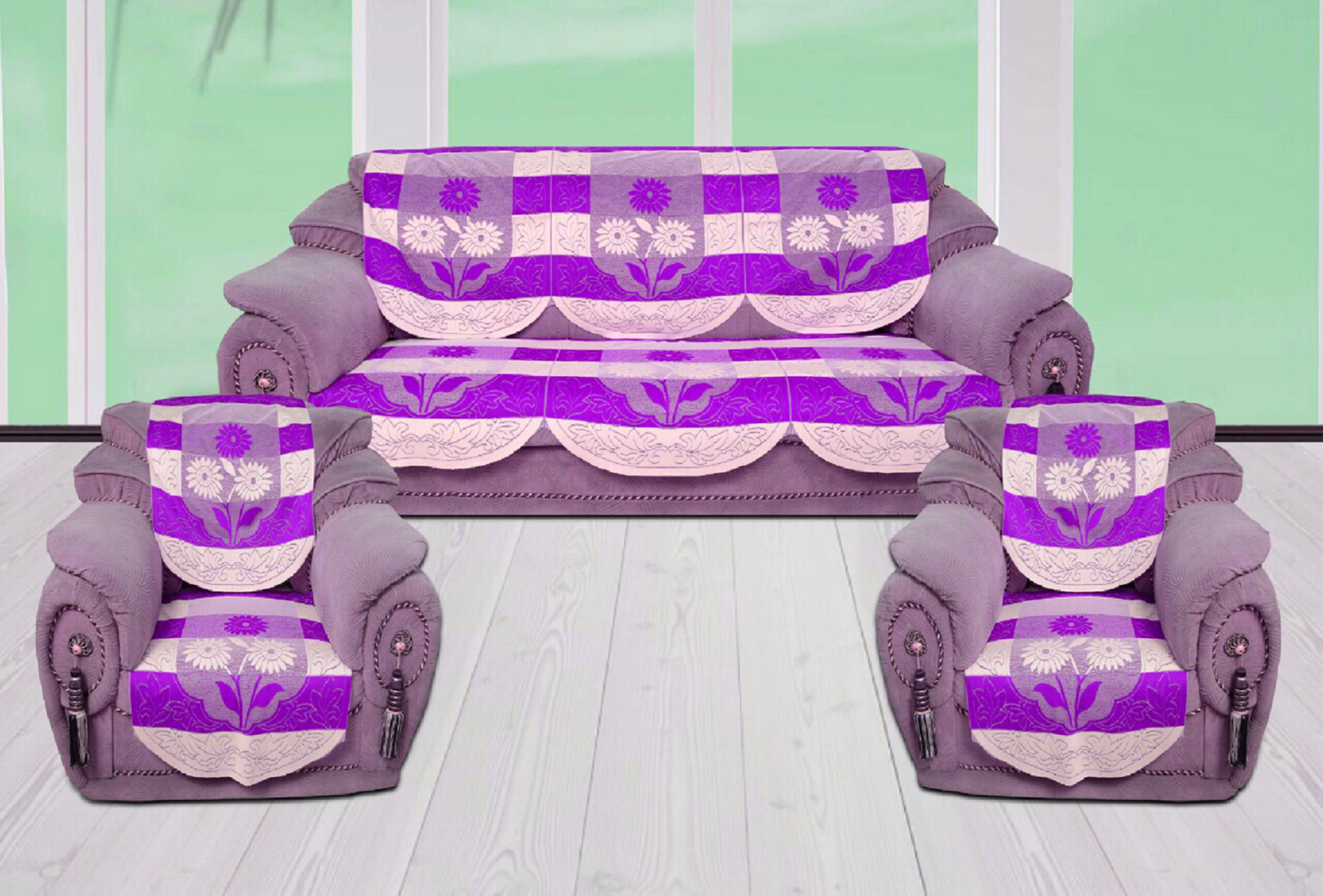 Bigger Fish Poly Cotton Net Fabric Floral 5 Seater Sofa Cover 10 Pieces with 40x60 Center Table Cover Combo (Purple)