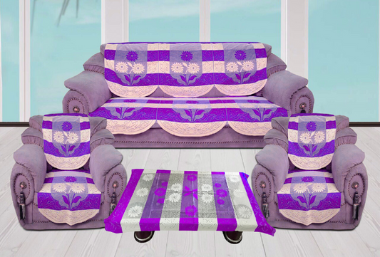 Bigger Fish Poly Cotton Net Fabric Floral 5 Seater Sofa Cover 10 Pieces with 40x60 Center Table Cover Combo (Purple)