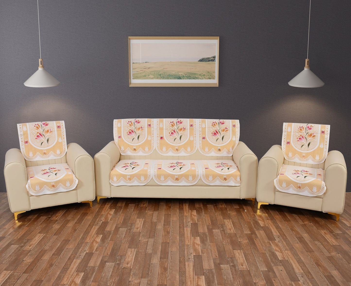 Bigger Fish Poly Cotton Net Fabric Floral 5 Seater Sofa Cover 10 Pieces with 40x60 Center Table Cover Combo (Cream)