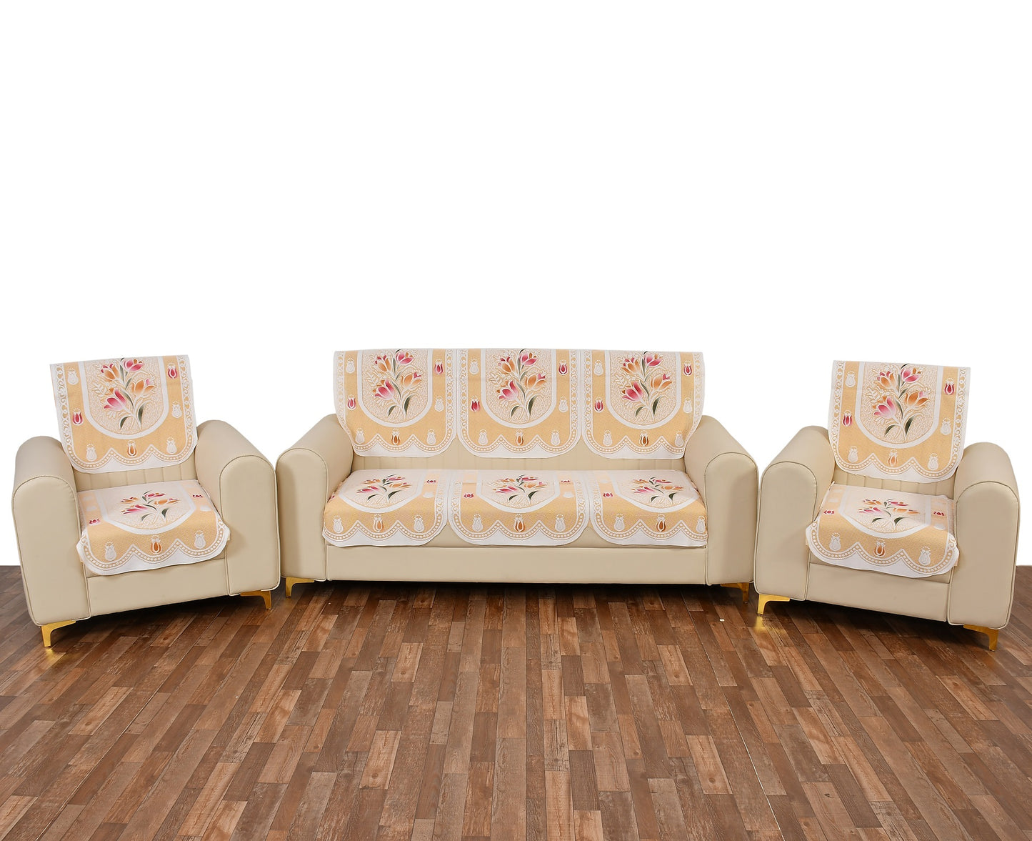 Bigger Fish Poly Cotton Net Fabric Floral 5 Seater Sofa Cover 10 Pieces with 40x60 Center Table Cover Combo (Cream)
