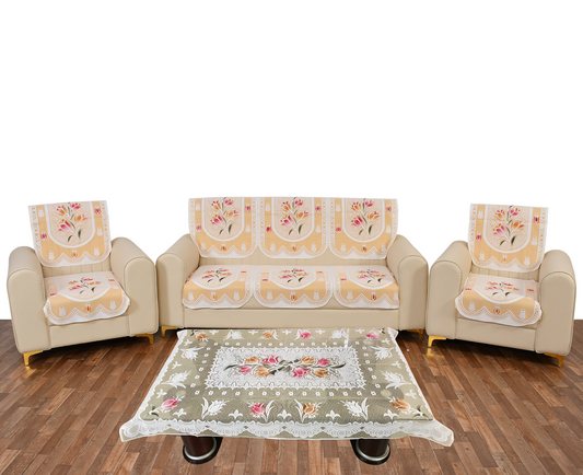 Bigger Fish Poly Cotton Net Fabric Floral 5 Seater Sofa Cover 10 Pieces with 40x60 Center Table Cover Combo (Cream)