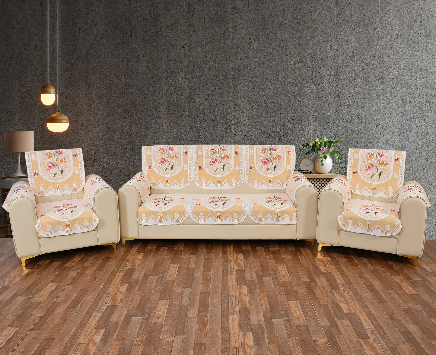 Bigger Fish Poly Cotton Net Fabric 5 Seater Sofa Cover With Arms Cover 16 Pieces with 40x60 Center Table Cover Combo (Cream)