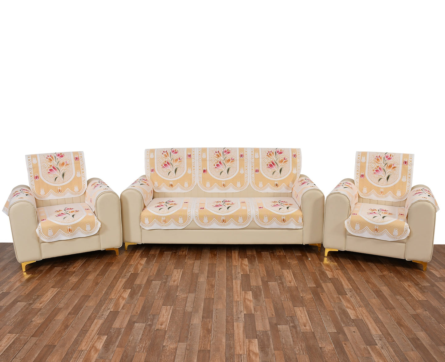 Bigger Fish Poly Cotton Net Fabric 5 Seater Sofa Cover With Arms Cover 16 Pieces with 40x60 Center Table Cover Combo (Cream)