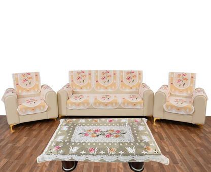 Bigger Fish Poly Cotton Net Fabric 5 Seater Sofa Cover With Arms Cover 16 Pieces with 40x60 Center Table Cover Combo (Cream)