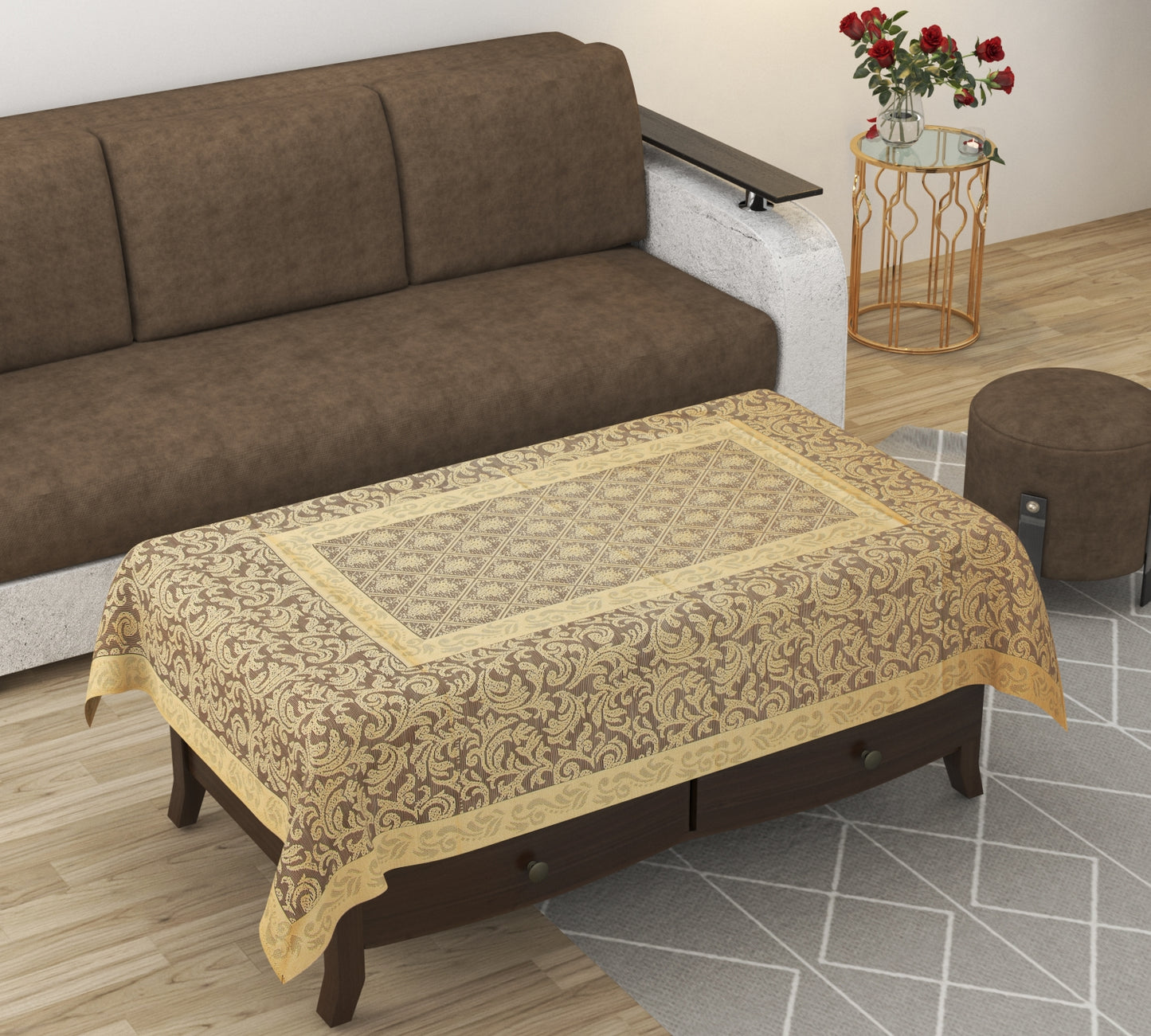 Bigger Fish Cotton Net Fabric Floral 5 Seater Sofa Cover 10 Pieces with 40x60 Center Table Cover (Gold)