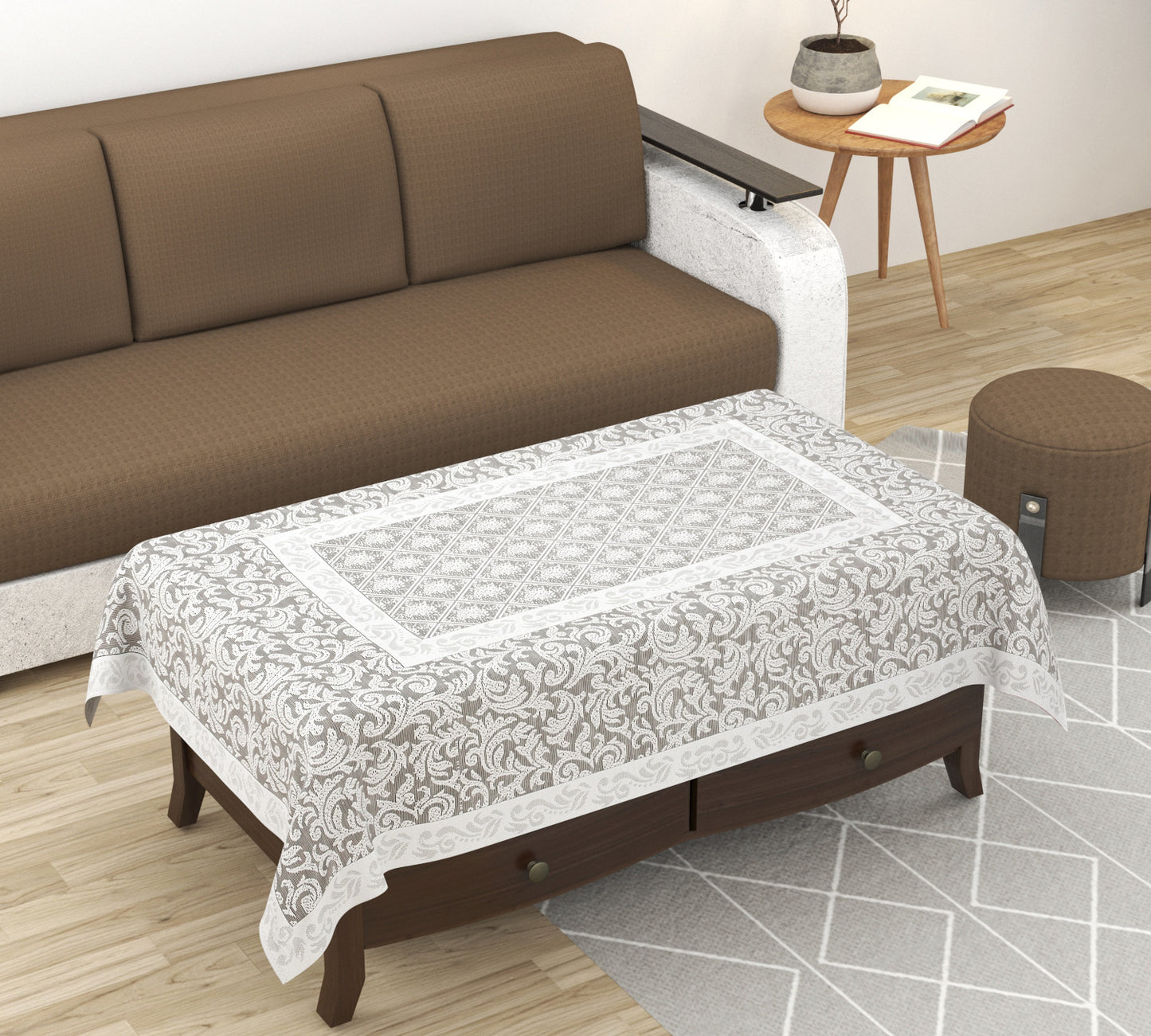 Bigger Fish Net Fabric Floral 5 Seater Sofa Cover 10 Pieces with 40x60 Center Table Cover (Grey)