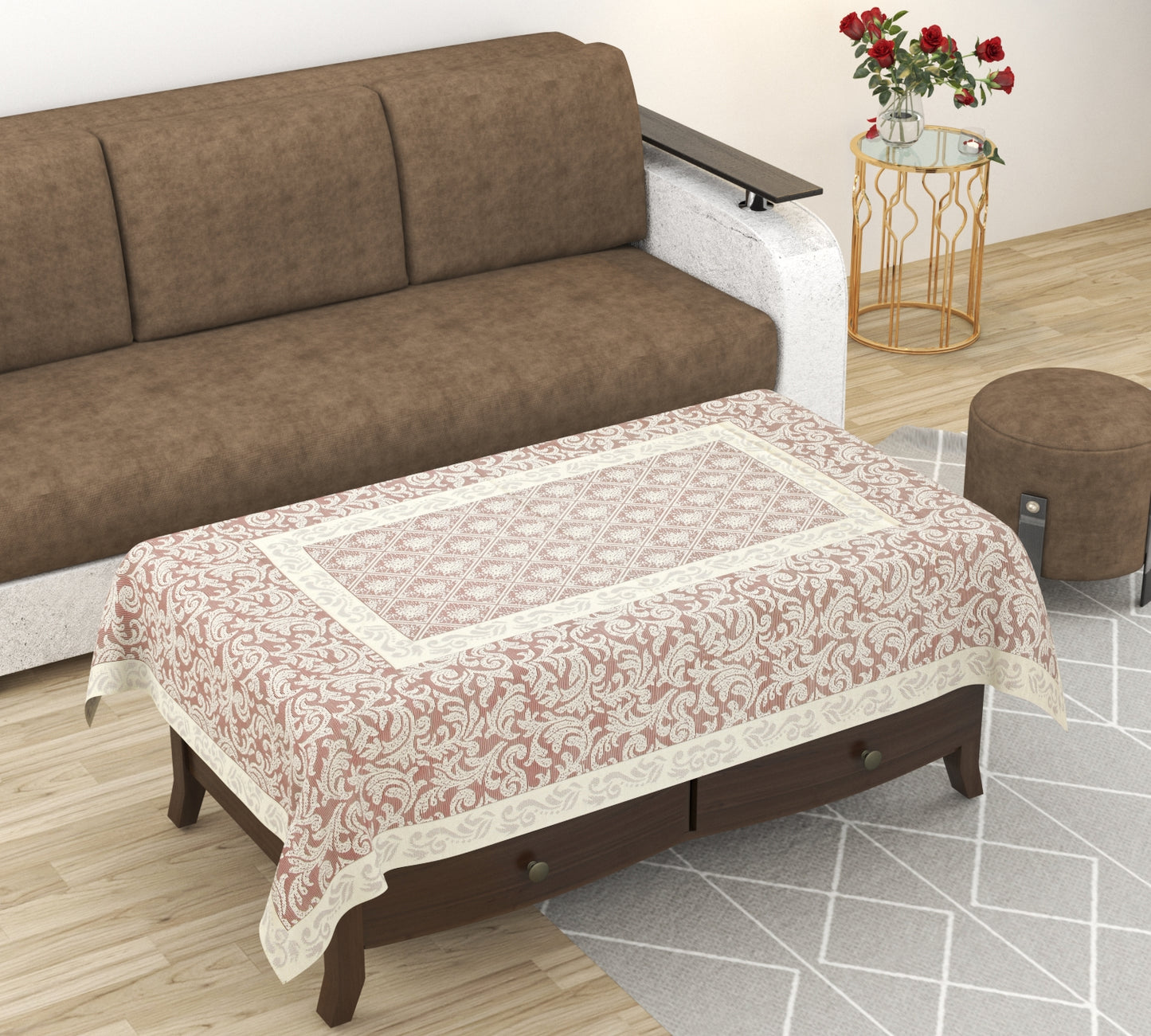 Bigger Fish Cotton Net Fabric Floral 5 Seater Sofa Cover 10 Pieces with 40x60 Center Table Cover (Maroon)