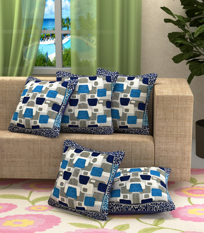 Bigger Fish Set of 5 Embroidery Chenille Cushion Covers - Blue (16x16 Inches)