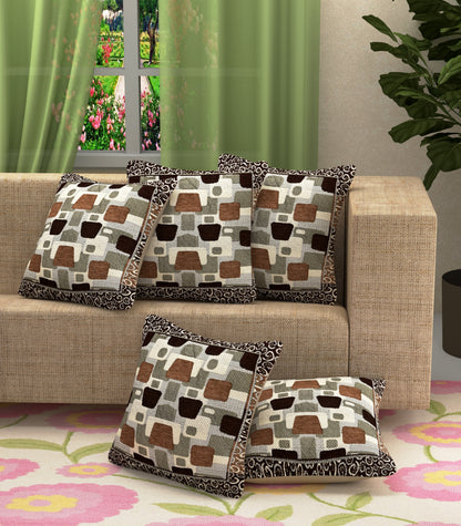 Bigger Fish Set of 5 Embroidery Chenille Cushion Covers - Brown (16x16 Inches)