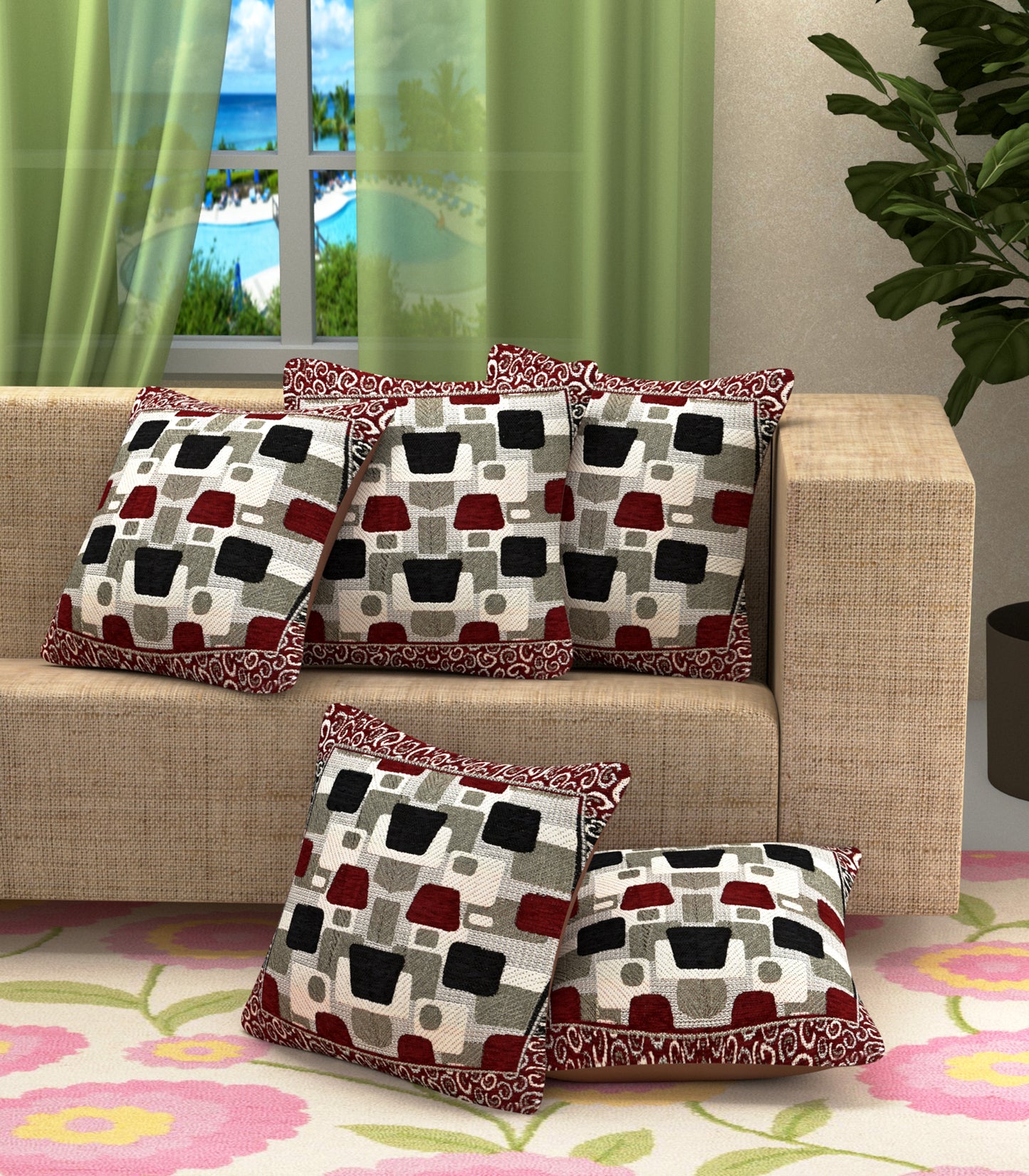 Bigger Fish Set of 5 Embroidery Chenille Cushion Covers - Maroon (16x16 Inches)