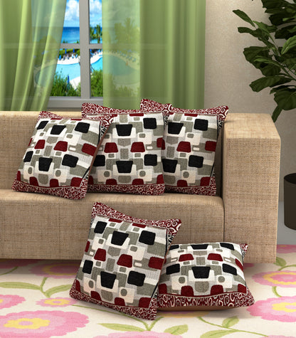 Bigger Fish Set of 5 Embroidery Chenille Cushion Covers - Maroon (16x16 Inches)