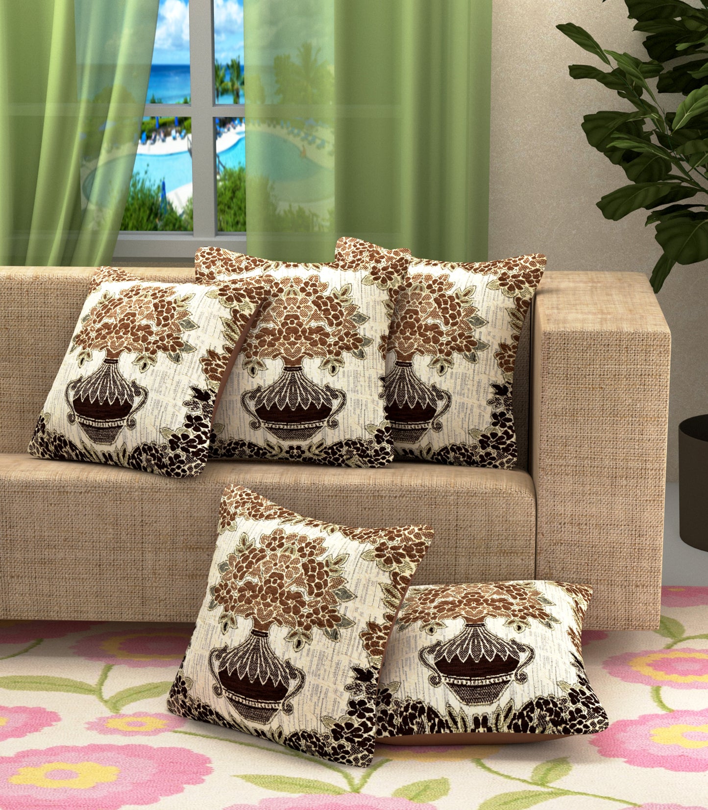 Bigger Fish Set of 5  Chenille Cushion Covers - Brown (16x16 Inches)