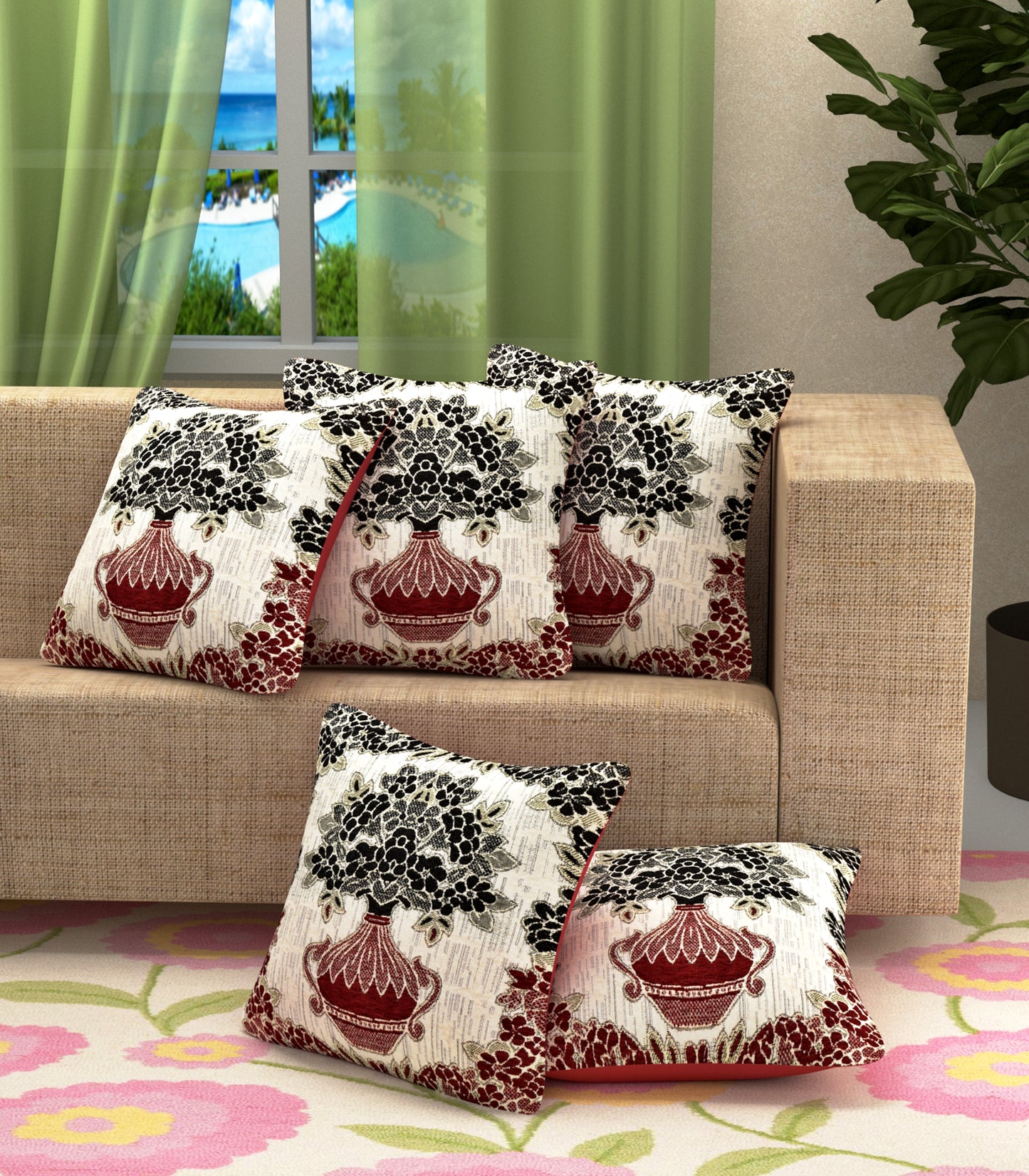 Bigger Fish Set of 5  Chenille Cushion Covers - Maroon (16x16 Inches)