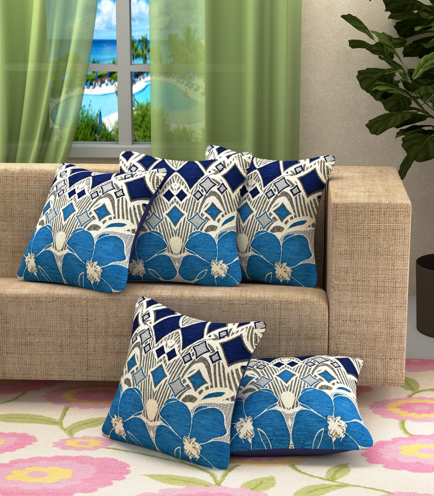 Bigger Fish Set of 5  Chenille Cushion Covers - Blue (16x16 Inches)