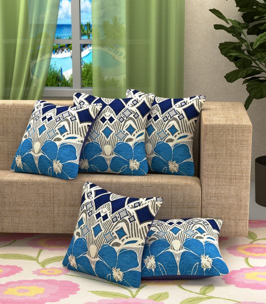Bigger Fish Set of 5  Chenille Cushion Covers - Blue (16x16 Inches)