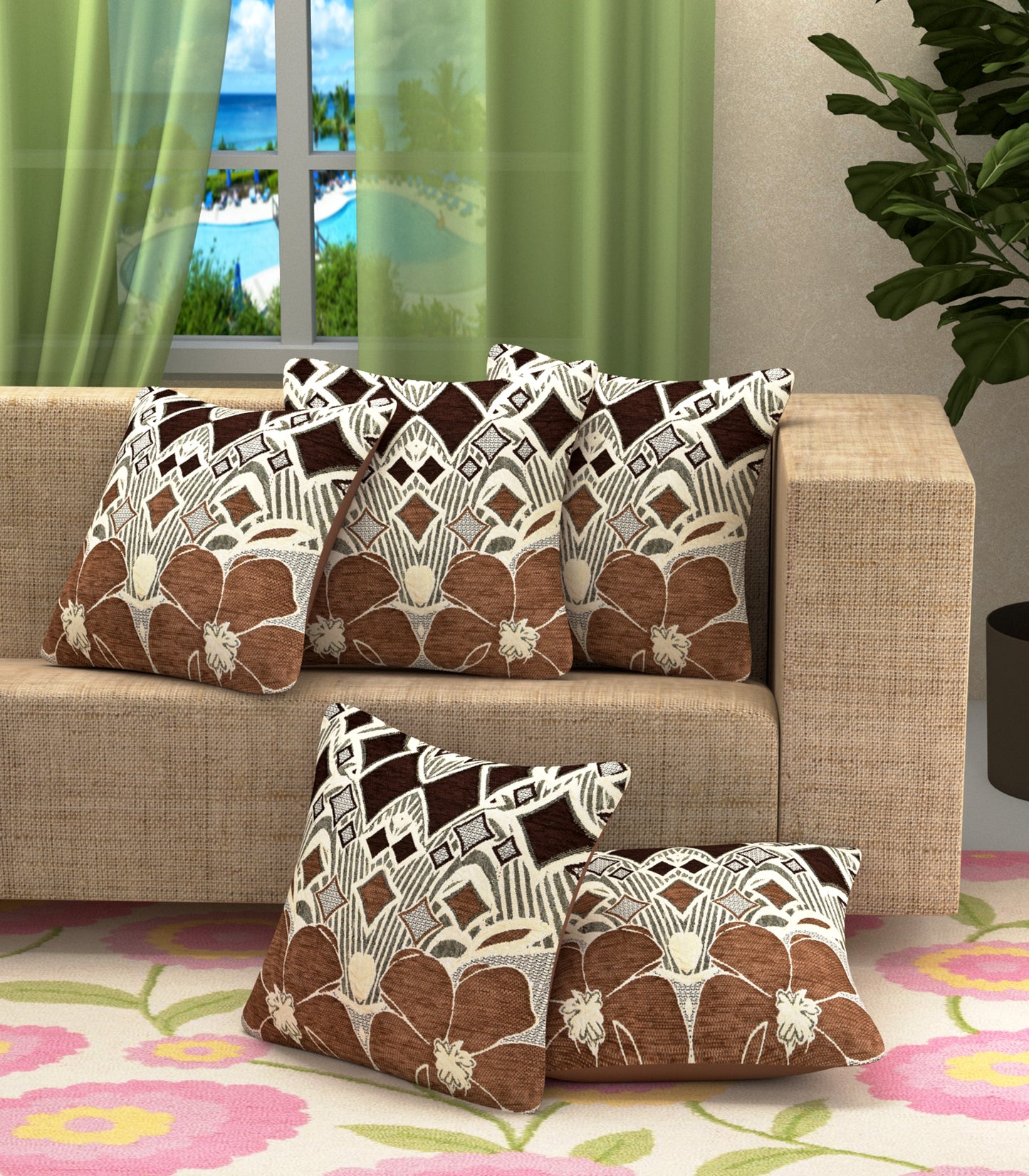 Bigger Fish Set of 5  Chenille Cushion Covers - Brown (16x16 Inches)