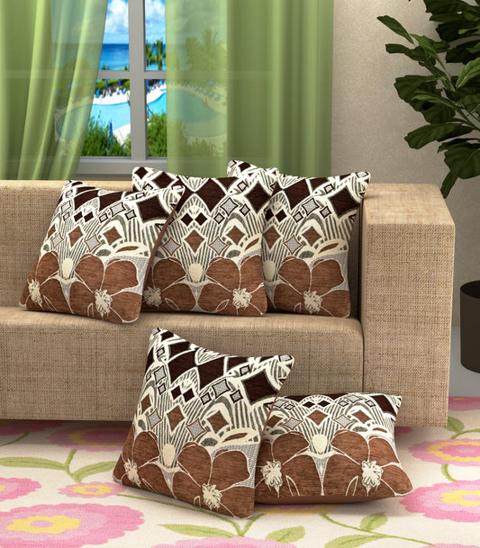 Bigger Fish Set of 5  Chenille Cushion Covers - Brown (16x16 Inches)