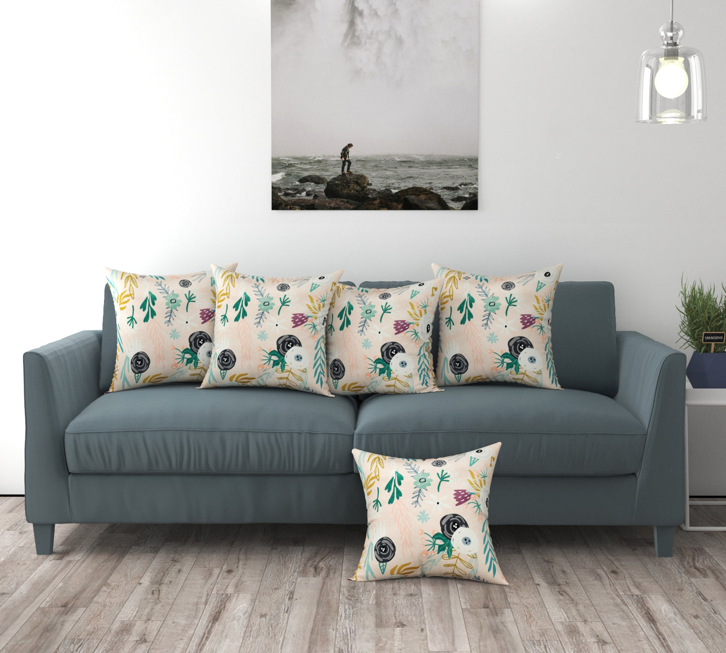 Bigger Fish Set of 5 Printed Velvet Cushion Covers - Peach (16x16 Inches)