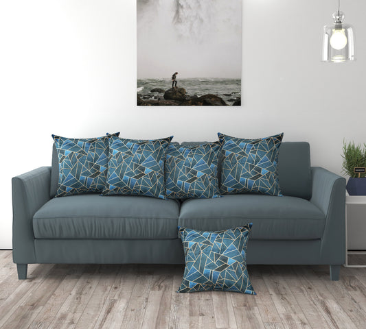 Bigger Fish Set of 5 Printed Velvet Cushion Covers - Blue (16x16 Inches)