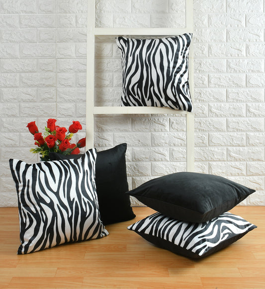 Bigger Fish Set of 5 Printed Velvet  Cushion Covers - Black (16x16 Inches)