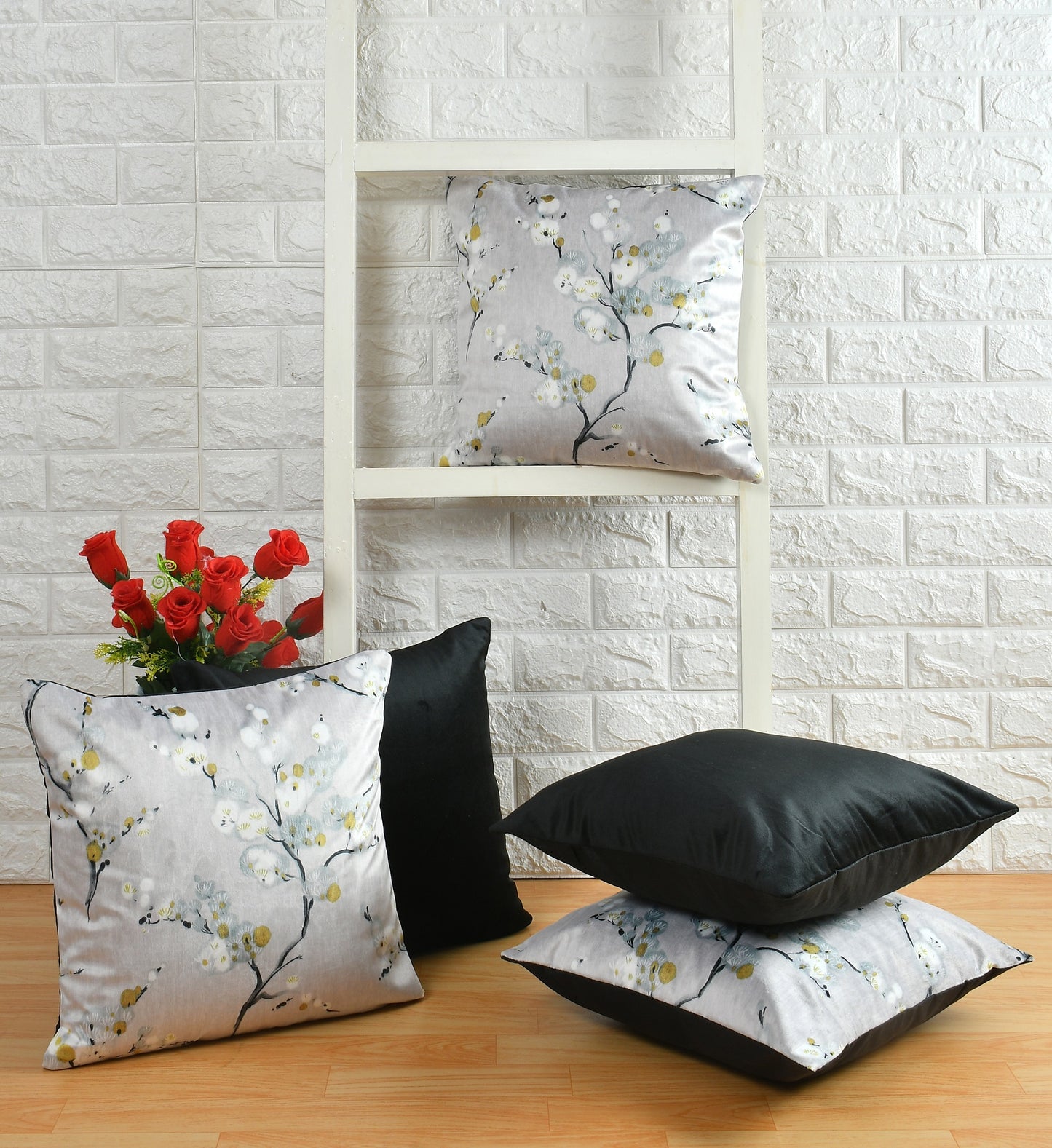 Bigger Fish Set of 5 Printed Velvet  Cushion Covers - Grey (16x16 Inches)