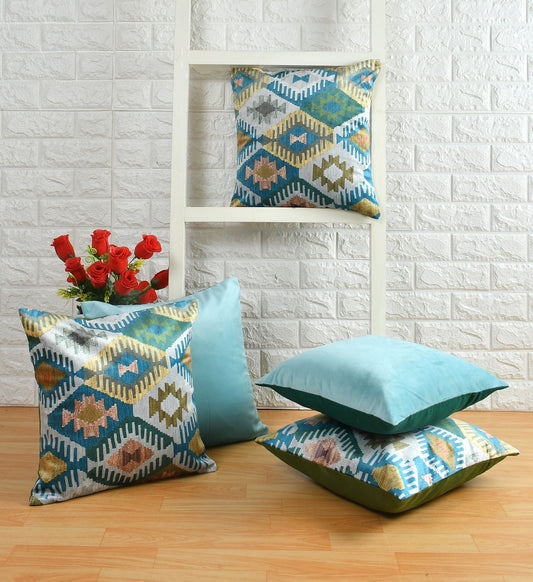 Bigger Fish Set of 5 Printed Velvet  Cushion Covers - Blue (16x16 Inches)