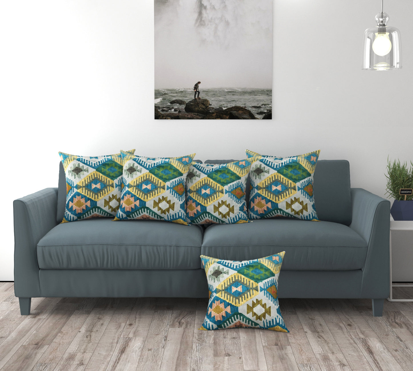 Bigger Fish Set of 5 Printed Velvet Cushion Covers - Blue (16x16 Inches)