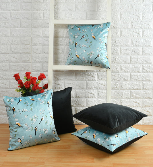 Bigger Fish Set of 5 Printed Velvet  Cushion Covers - Sky Blue (16x16 Inches)