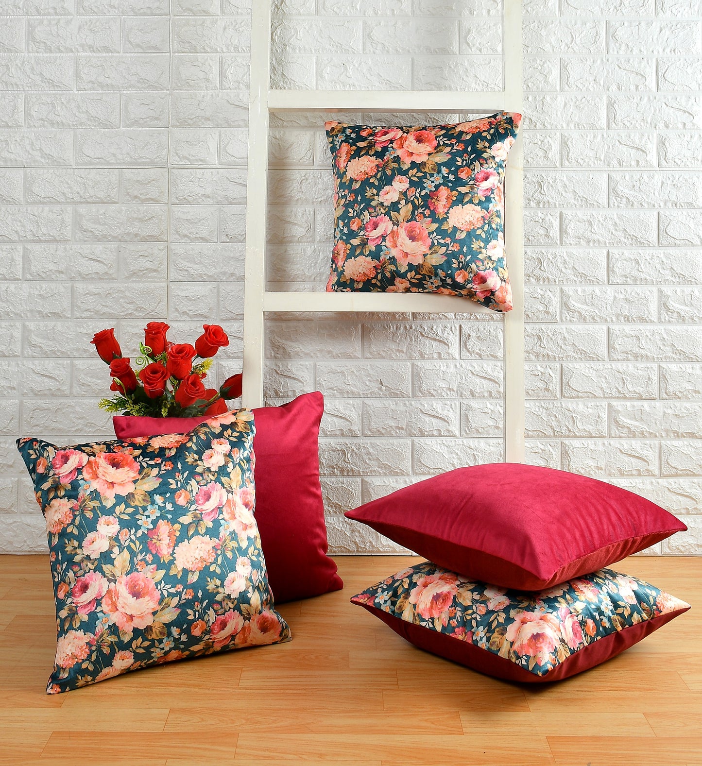 Bigger Fish Set of 5 Printed  Velvet  Cushion Covers - Green (16x16 Inches)