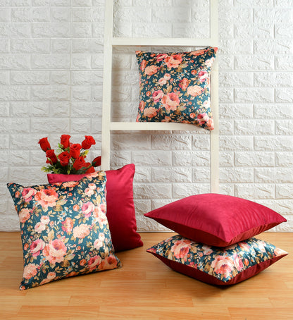 Bigger Fish Set of 5 Printed  Velvet  Cushion Covers - Green (16x16 Inches)