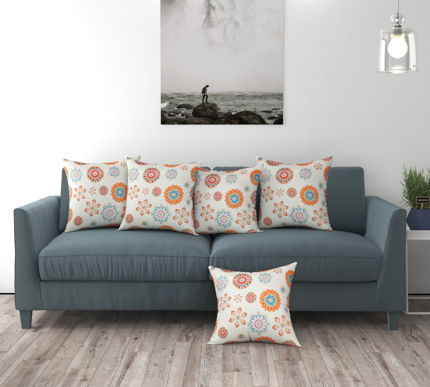 Bigger Fish Set of 5 Printed  Velvet Cushion Covers - Orange (16x16 Inches)