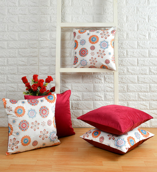 Bigger Fish Set of 5 Printed  Velvet Cushion Covers - Orange (16x16 Inches)