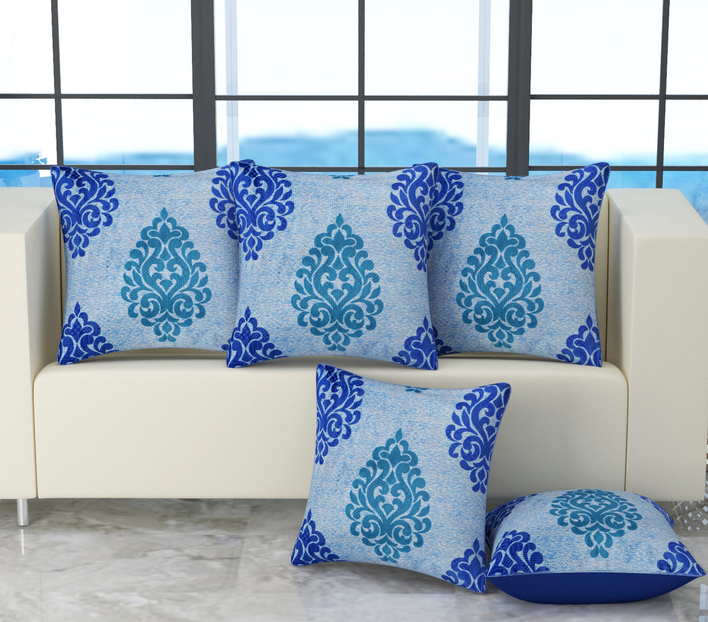 Bigger Fish Set of 5 Digital Print Polycotton Cushion Covers - Blue (16x16 Inches)