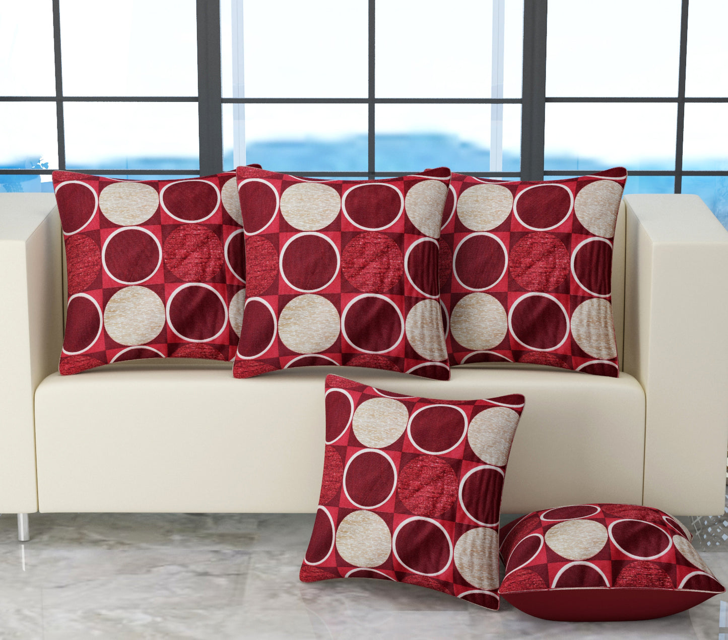 Bigger Fish Set of 5 Digital Print Polycotton Cushion Covers - Maroon & Cream (16x16 Inches)