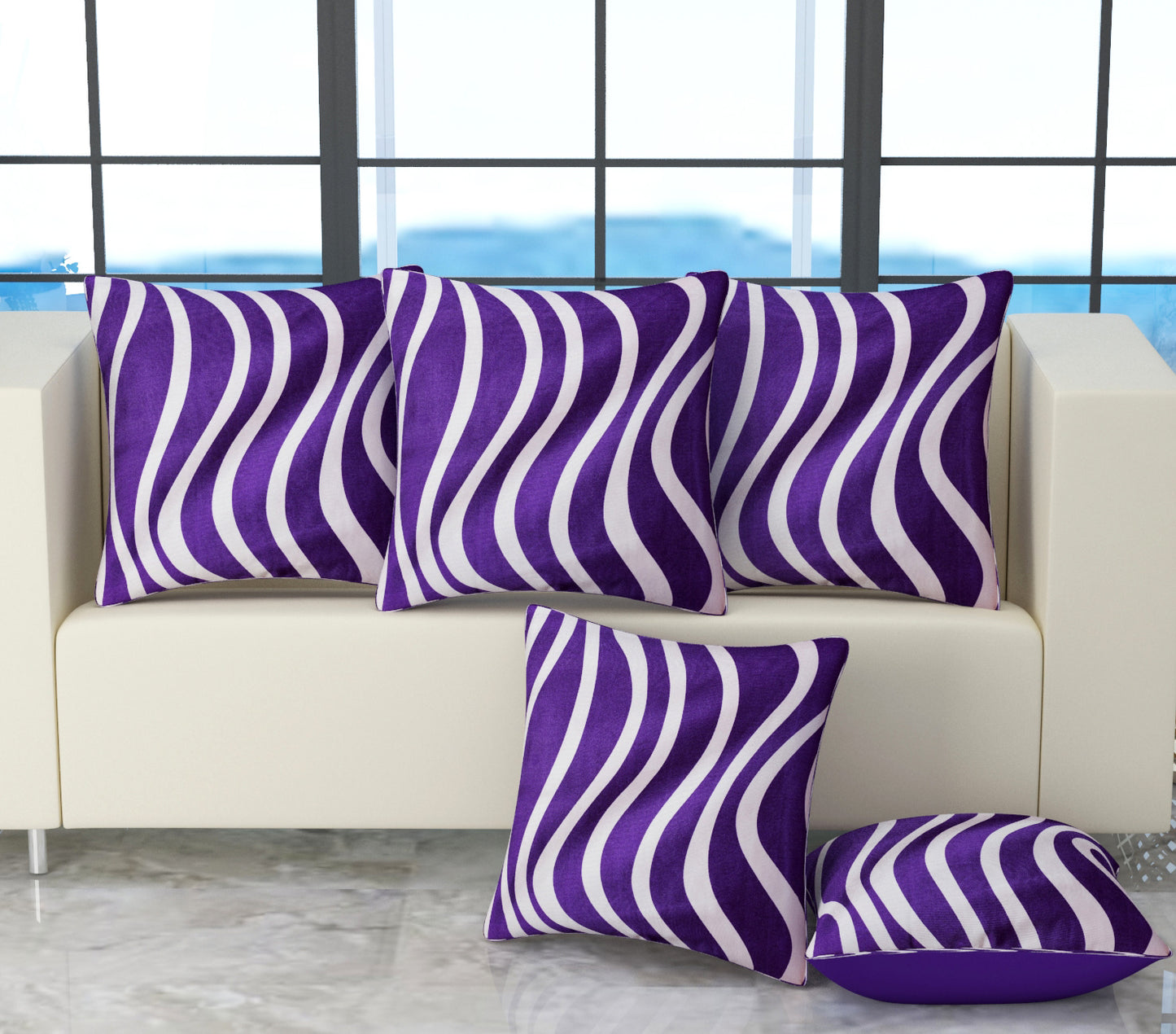 Bigger Fish Set of 5 Digital Print Polycotton Cushion Covers - Purple (16x16 Inches)