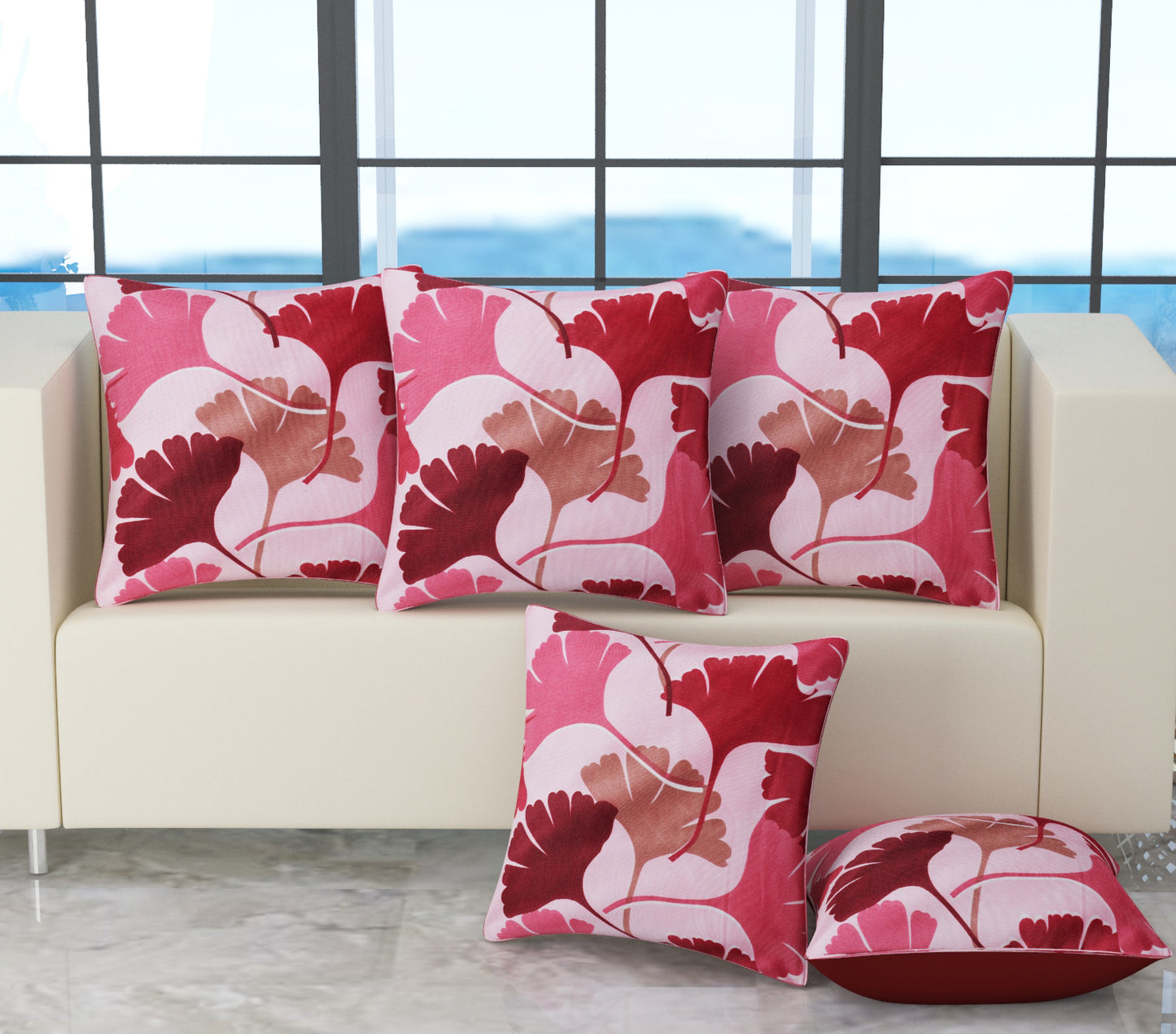 Bigger Fish Set of 5 Digital Print Polycotton Cushion Covers - Maroon (16x16 Inches)
