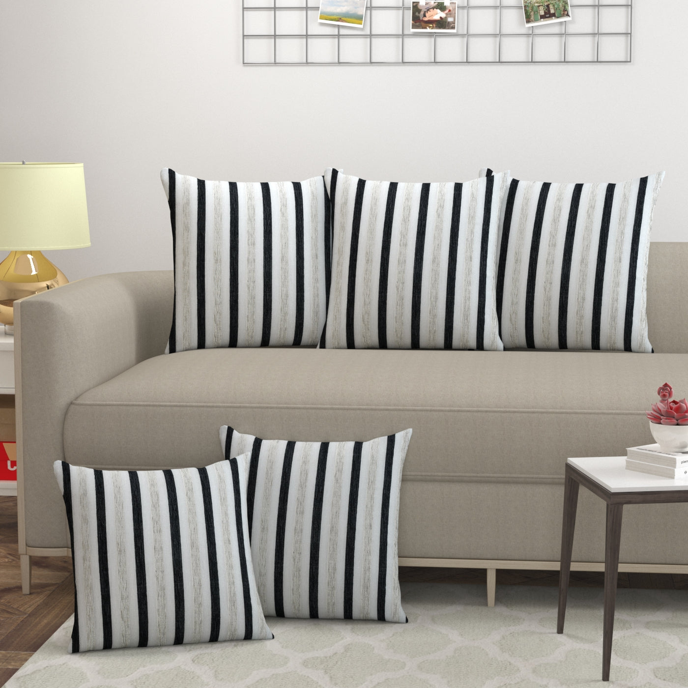 Bigger Fish Set of 5 Tissue Chenille Striped Cushion Covers - Black (16x16 Inches)