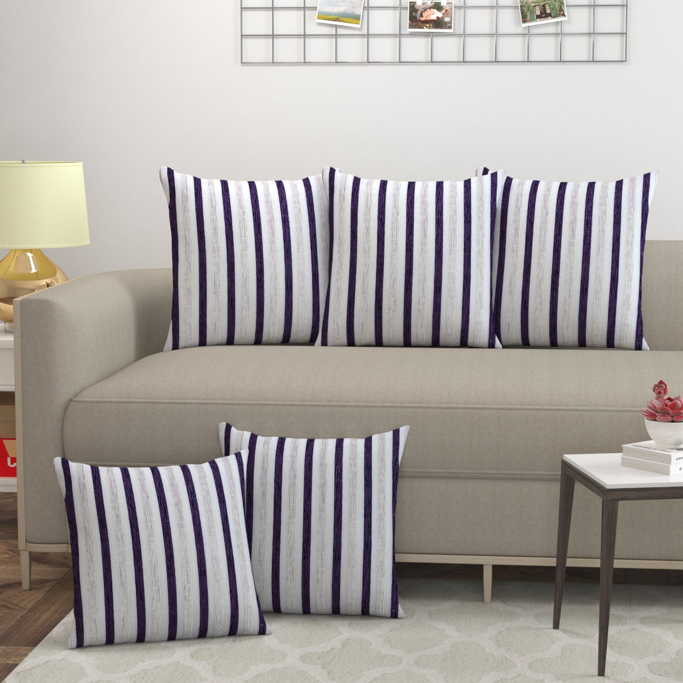 Bigger Fish Set of 5 Tissue Chenille Striped Cushion Covers - Purple (16x16 Inches)