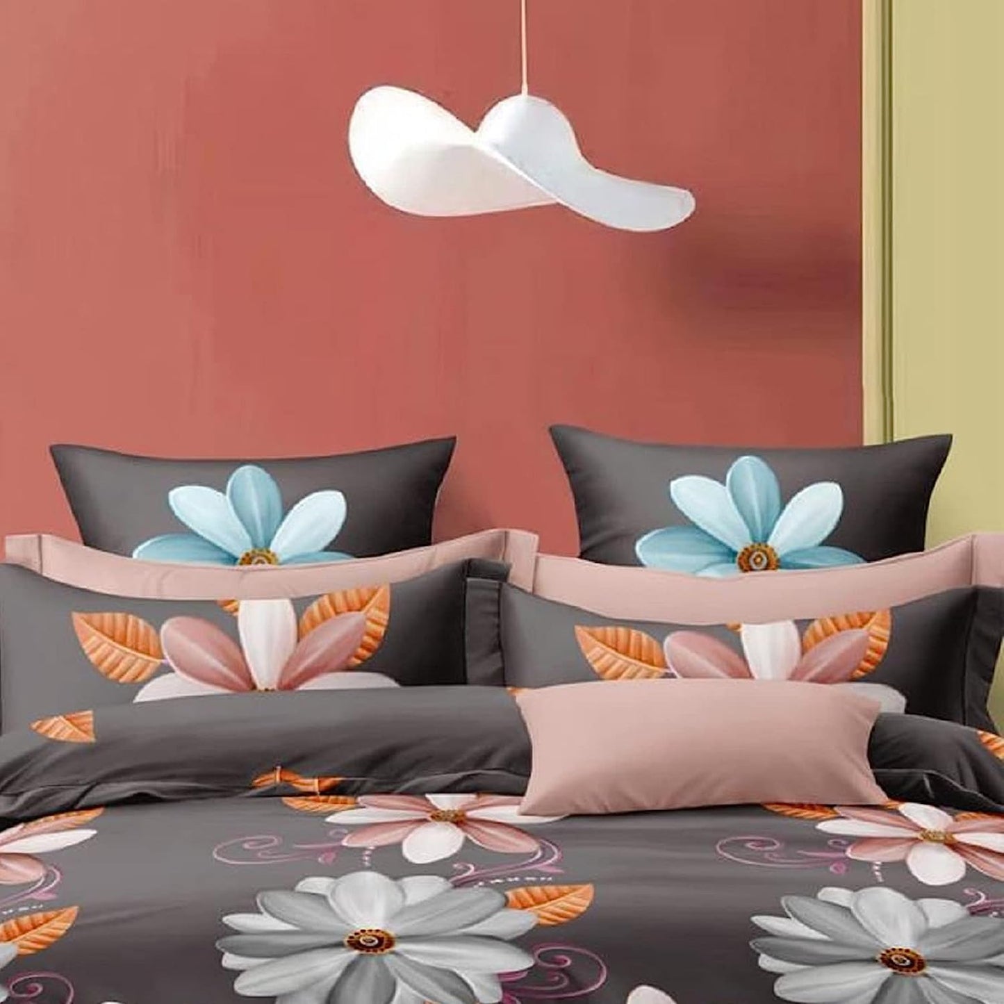 Bigger Fish Comfy 240 TC Polycotton Double Floral Flat Bedsheet 90x100 Inch with 2 Pillow Cover (Grey)