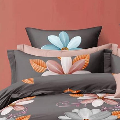 Bigger Fish Comfy 240 TC Polycotton Double Floral Flat Bedsheet 90x100 Inch with 2 Pillow Cover (Grey)