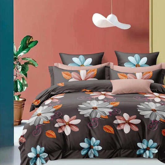 Bigger Fish Comfy 240 TC Polycotton Double Floral Flat Bedsheet 90x100 Inch with 2 Pillow Cover (Grey)
