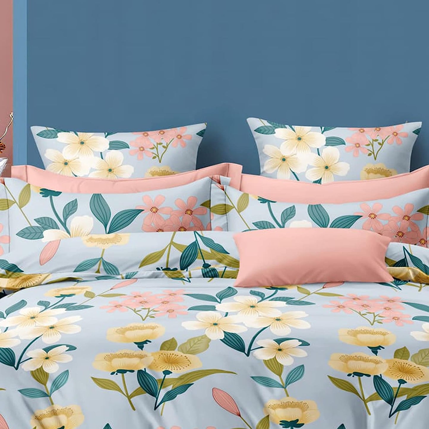 Bigger Fish Comfy 240 TC Polycotton Double Abstract Flat Bedsheet 90x100 Inch with 2 Pillow Cover ( Sky Blue)