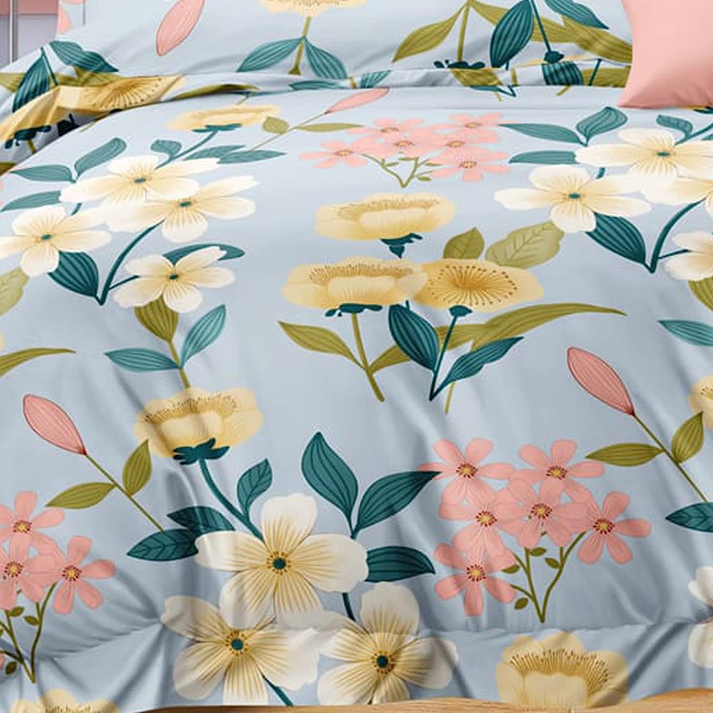 Bigger Fish Comfy 240 TC Polycotton Double Abstract Flat Bedsheet 90x100 Inch with 2 Pillow Cover ( Sky Blue)